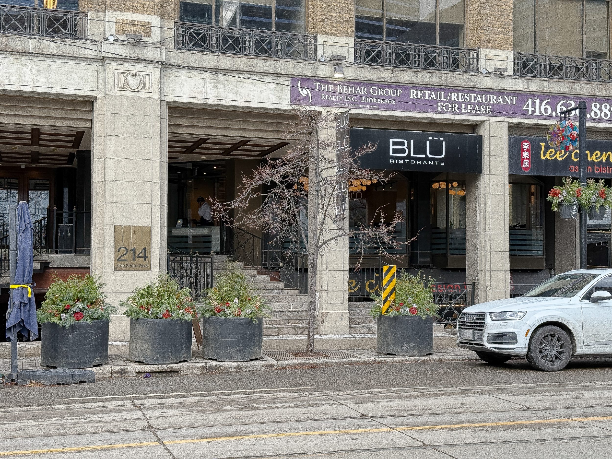Exterior view of BLU Ristorante at 214 King Street West, Toronto, located in the Entertainment District near Roy Thomson Hall and Princess of Wales Theatre