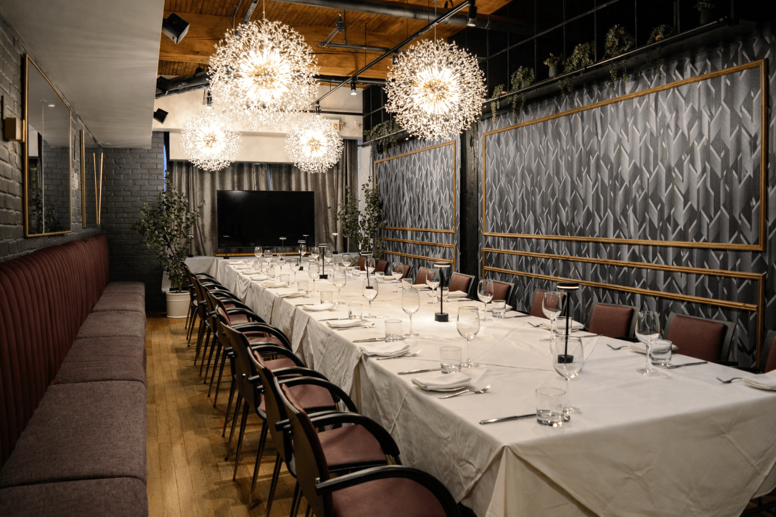 Luxury restaurant construction at BLU Ristorante Toronto by GTA General Contractors featuring upscale dining space, custom millwork, bar seating, and designer lighting.