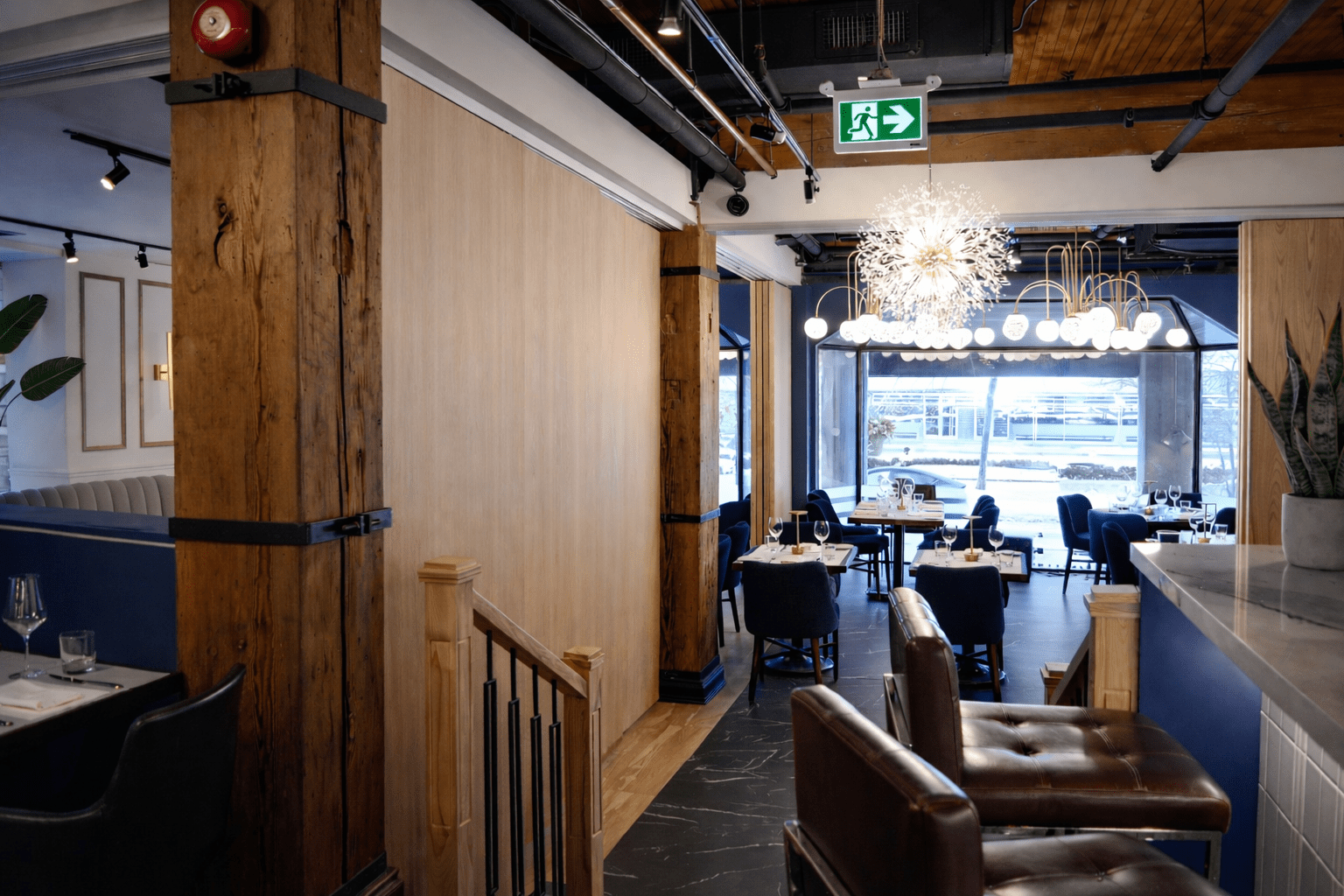 BLU Ristorante restaurant build-out in Toronto GTA completed by GTA General Contractors showcasing high-end hospitality construction, bar area, custom finishes, and modern dining space.