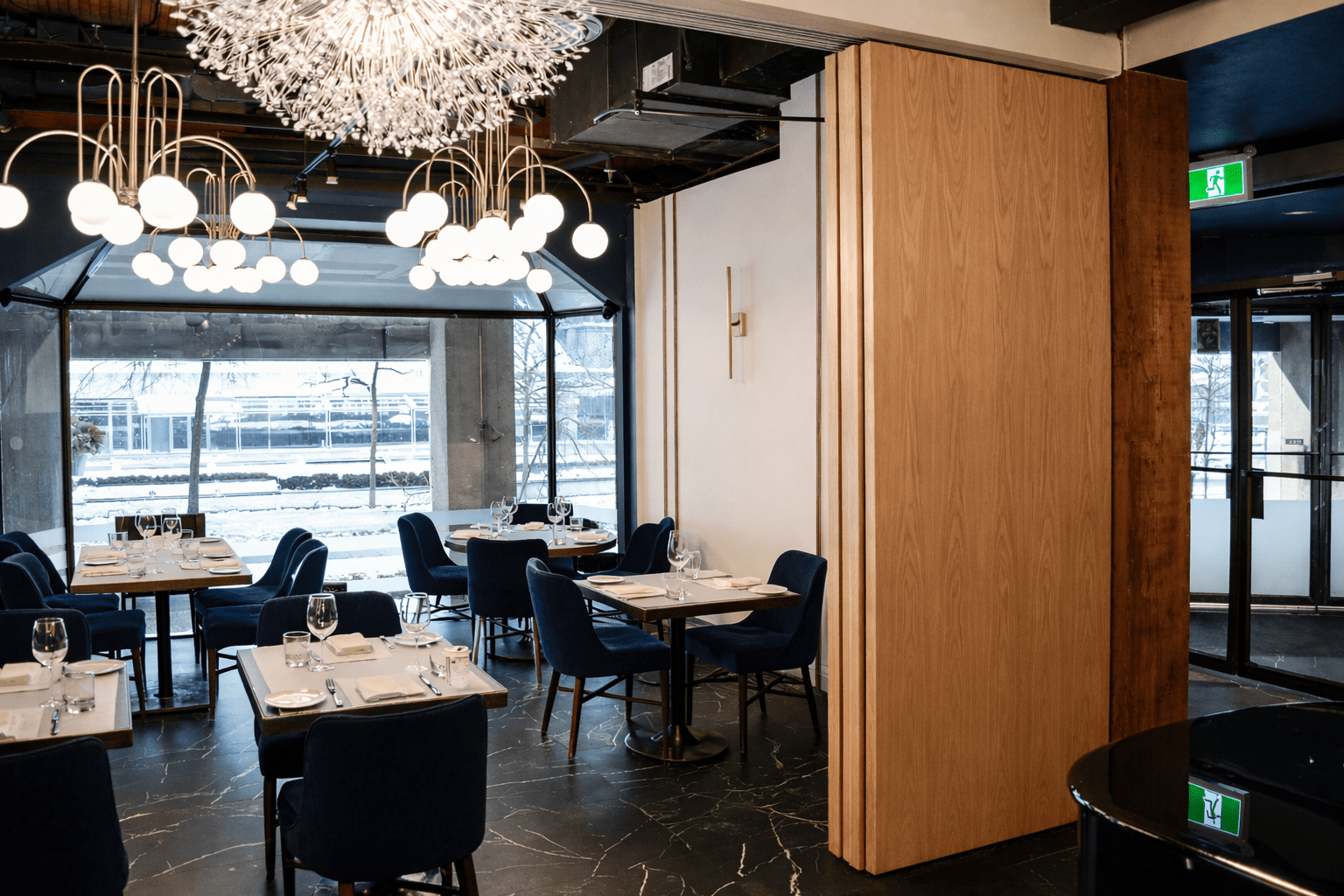 BLU Ristorante Toronto restaurant construction by GTA General Contractors featuring upscale dining interior, custom millwork, bar seating, and luxury hospitality design.