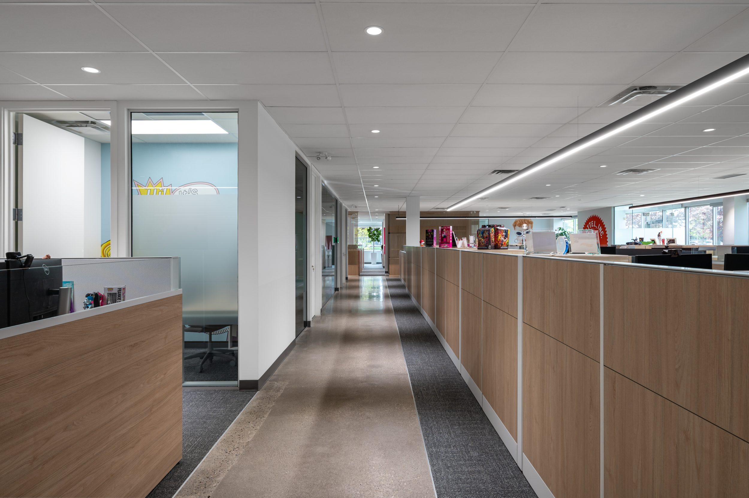 Corporate executive office at Mattel Canada Headquarters in Mississauga, Ontario, with custom office furniture, meeting space, audiovisual integration, ergonomic workstations, commercial office interiors, and Design-Build construction by GTA General Contractors.