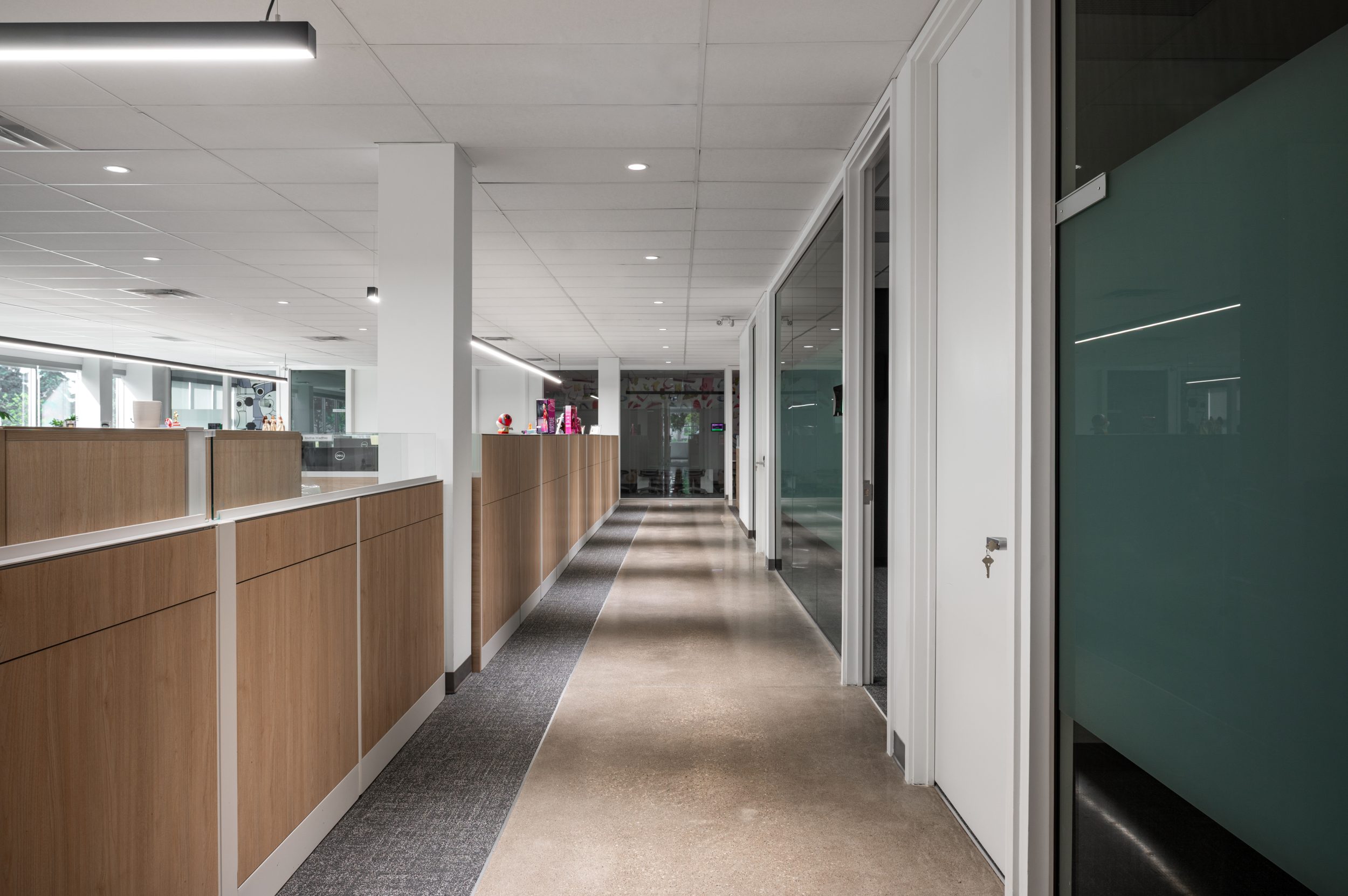 Contemporary office corridor at Mattel Canada Headquarters in Mississauga, Ontario featuring polished concrete flooring, private glass offices, custom millwork, open workstations, architectural lighting, commercial interior construction, and Design-Build office renovation by GTA General Contractors.